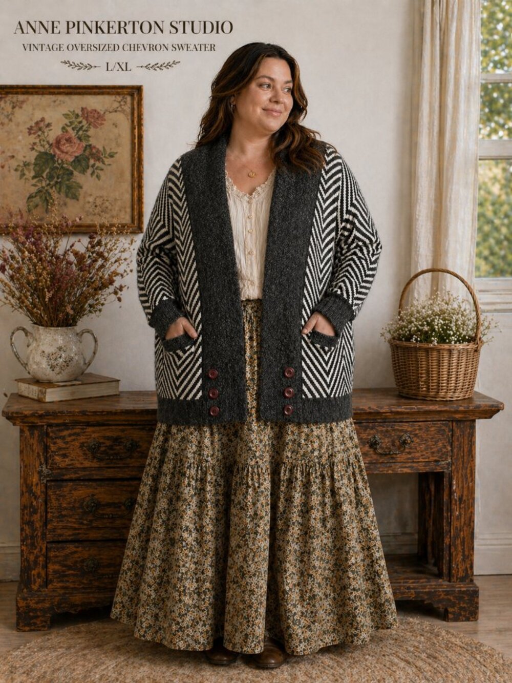 ANNE PINKERTON STUDIO Cozy Vintage Oversized Sweater XL Chevron